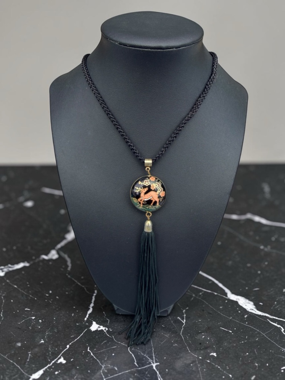 VTG Cloisonne Deer Enamel Tassel Necklace Double Sided Boho Cottagecore Fawn